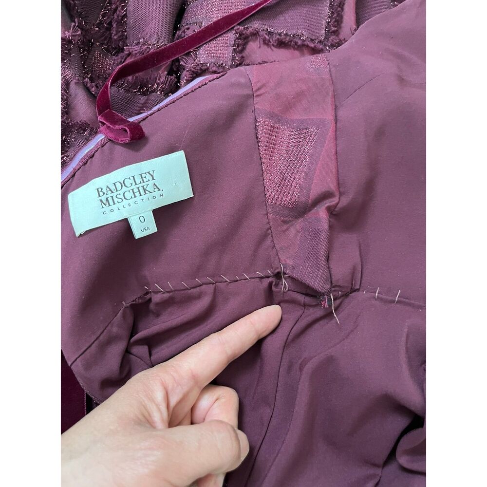 Badgley Mischka Burgandy Fairytale Dress with Velvet Belt Hidden Pockets - Picture 7 of 11